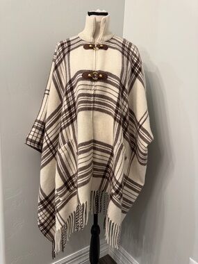 Marc New York Andrew Marc Plaid Poncho One Size Cream Brown Fringe Cape Cozy